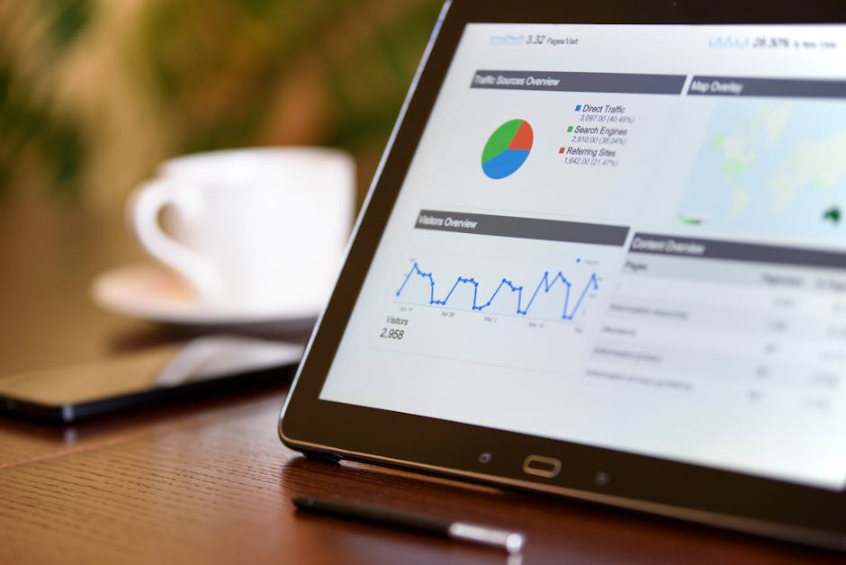 Data dashboard showing product metrics, ROI and user analytics on screens