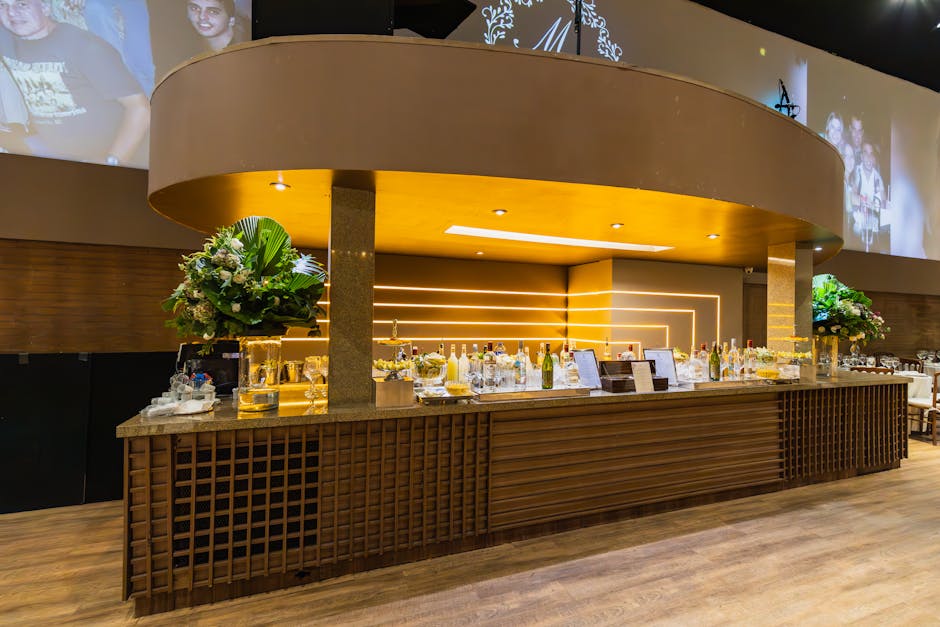 Business team in a private event space with drinks and buffet