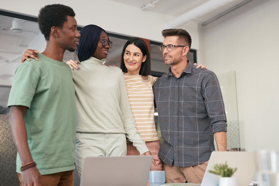 Modern office team discussing employee benefits and annual bonus