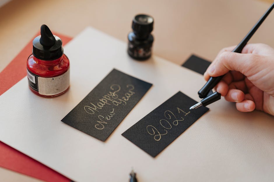 Writing a New Year greeting card on a desk