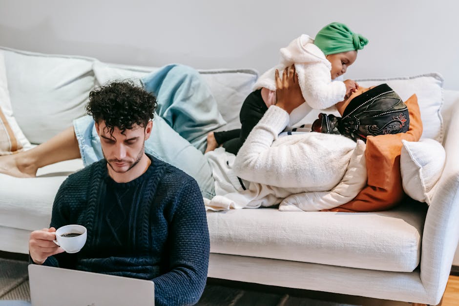 Young family with child at home and one parent working part time remotely