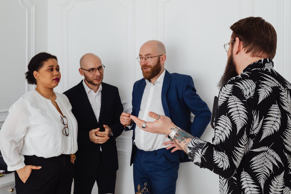 Professional networking conversation in a modern office