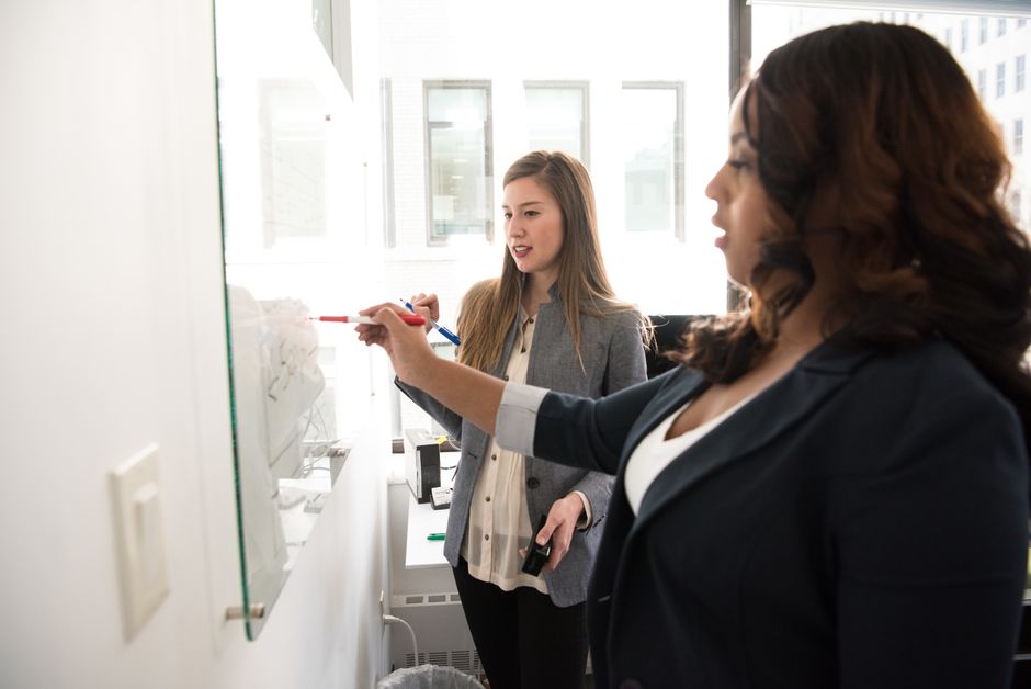 Business team reviewing process improvements on a whiteboard