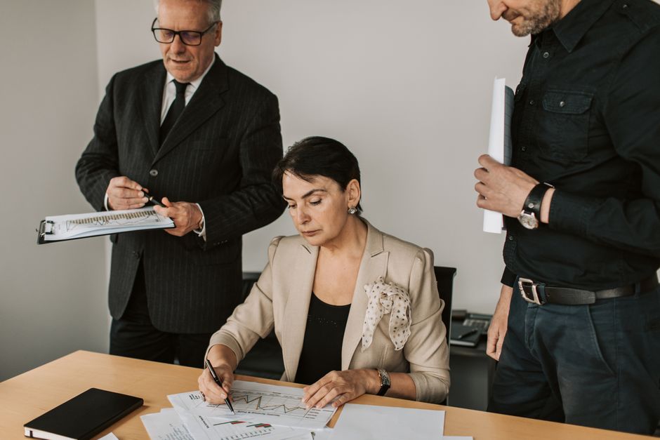Business professional reviewing company strategy in a modern office