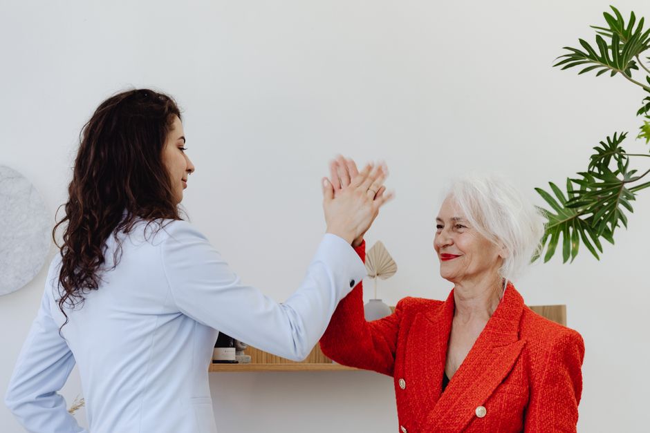Professional mentor and mentee discussing career path in an office
