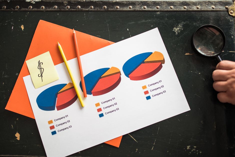Écart salarial femmes-hommes : 21,8 %, 14 % ou 3,6 %? Colorful pie charts on paper with office supplies on a desk, illustrating financial data analysis.